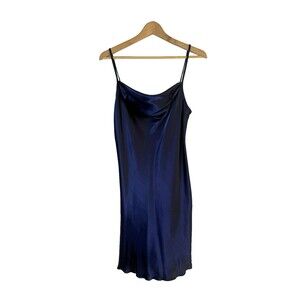 Bebe Navy Satin Slip Dress Medium Cowl Neck Y2K Mini Cocktail Party Made USA